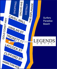 Map of Surfers Paradise showing Legends Hotel